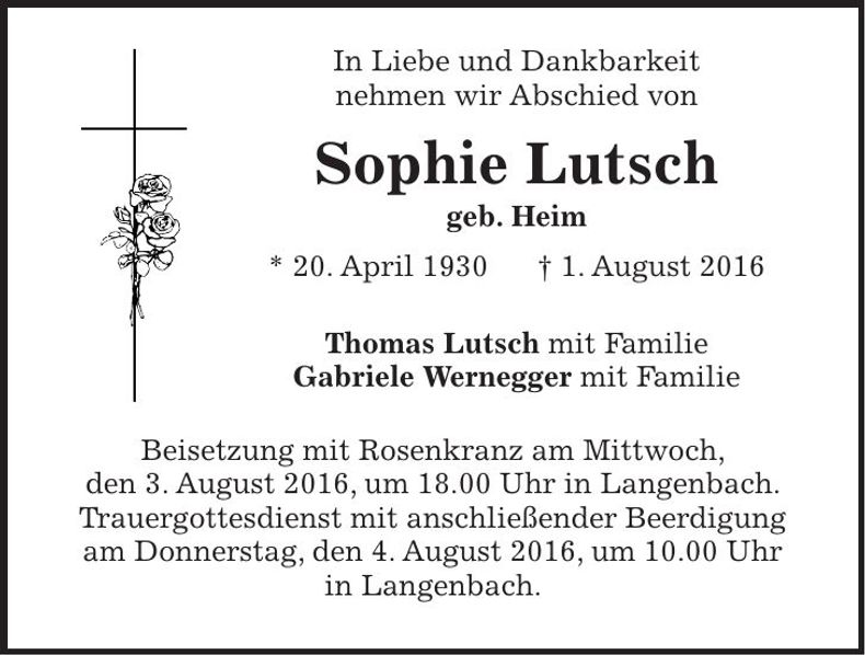 Traueranzeige Sophie Lutsch