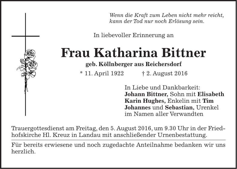 Traueranzeige Katharina Bittner