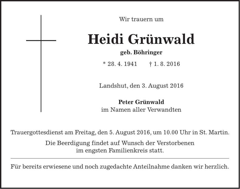 Traueranzeige Heidi Grünwald