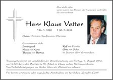 Traueranzeige Klaus Vetter