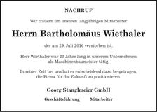 Traueranzeige Bartholomäus Wiethaler