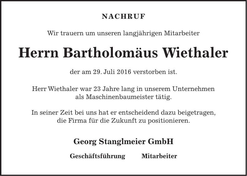 Traueranzeige Bartholomäus Wiethaler