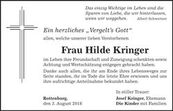 Traueranzeige Hilde Kringer