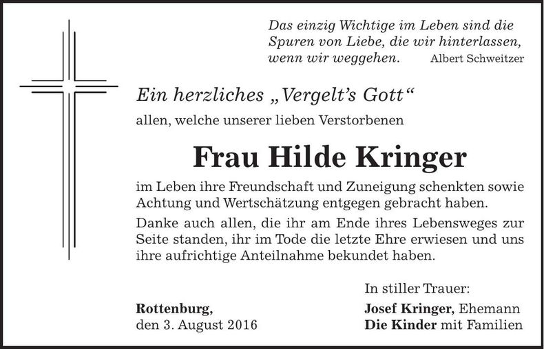 Traueranzeige Hilde Kringer