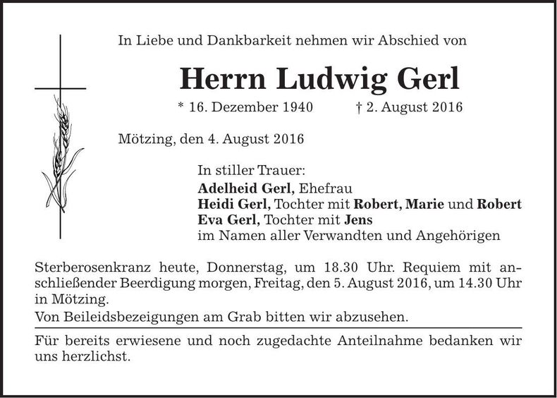 Traueranzeige Ludwig Gerl