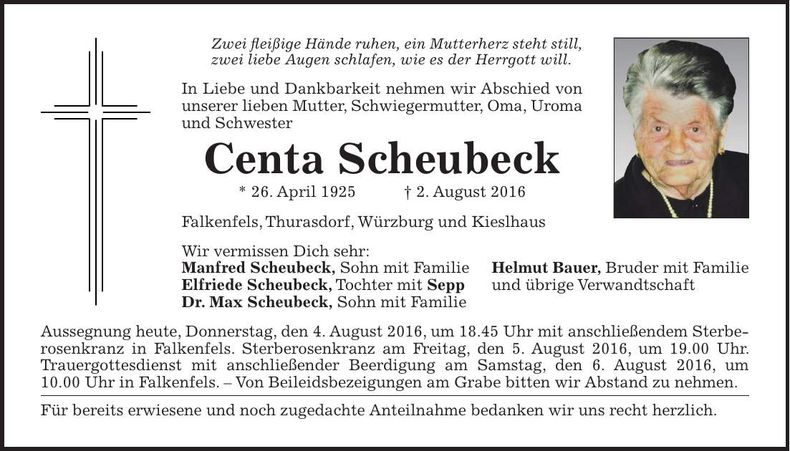 Traueranzeige Centa Scheubeck