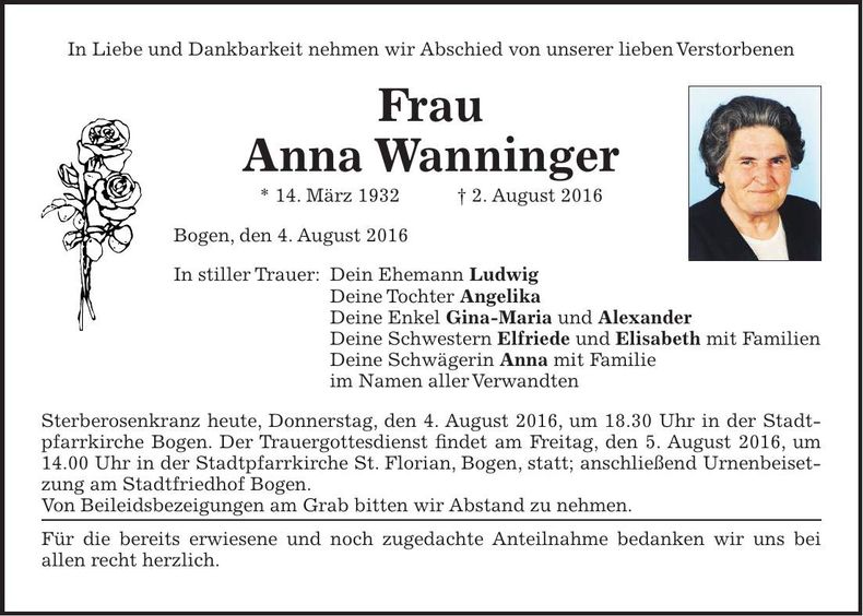 Traueranzeige Anna Wanninger