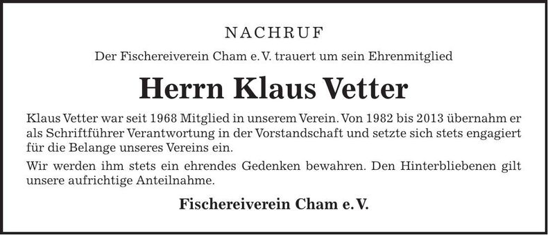 Traueranzeige Klaus Vetter