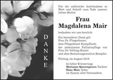 Traueranzeige Magdalena Mair