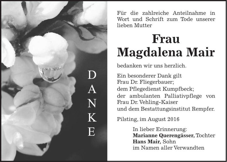 Traueranzeige Magdalena Mair