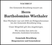 Traueranzeige Wiethaler Bartholomäus