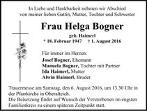 Traueranzeige Helga Bogner