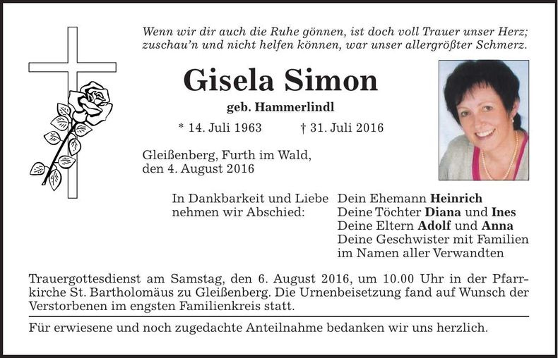 Traueranzeige Gisela Simon
