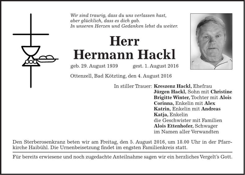Traueranzeige Hermann Hackl