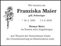 Traueranzeige Franziska Maier
