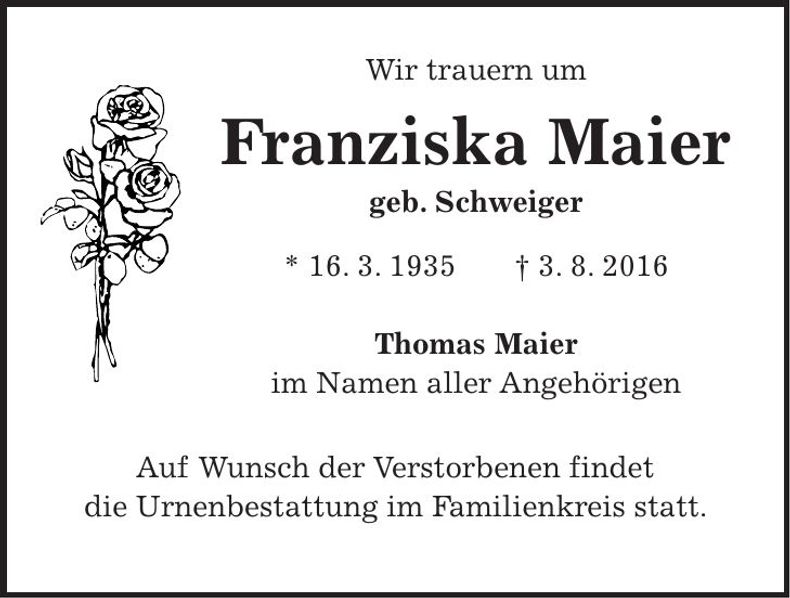 Traueranzeige Franziska Maier