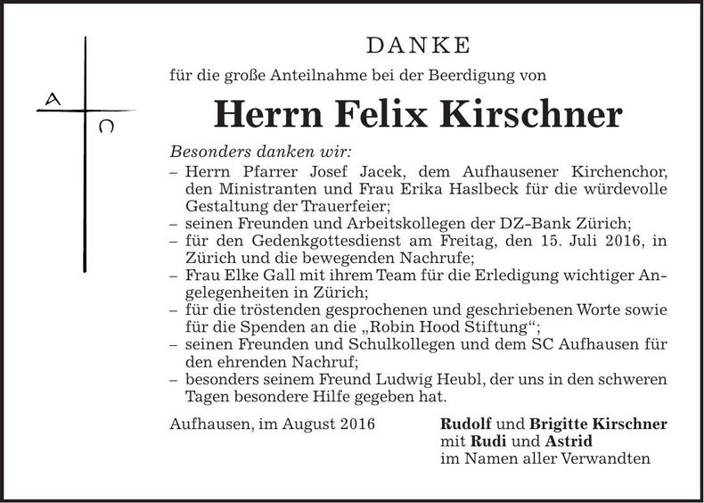Traueranzeige Felix Kirschner