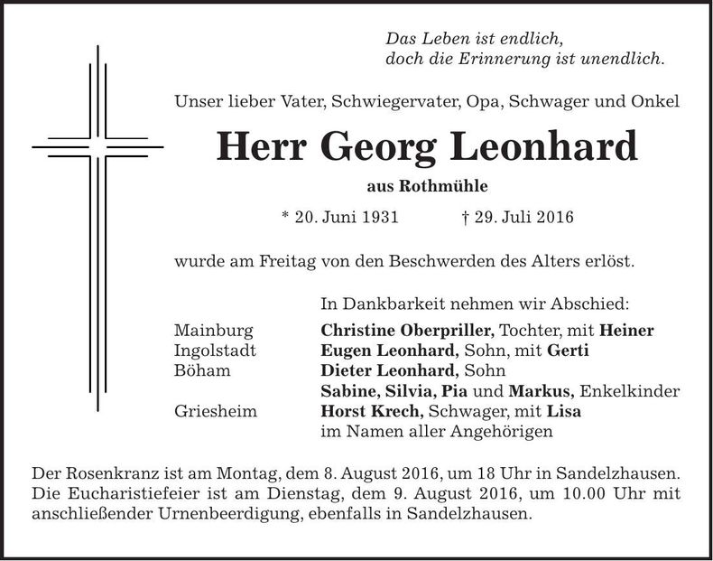 Traueranzeige Georg Leonhard