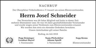 Traueranzeige Josef Schneider