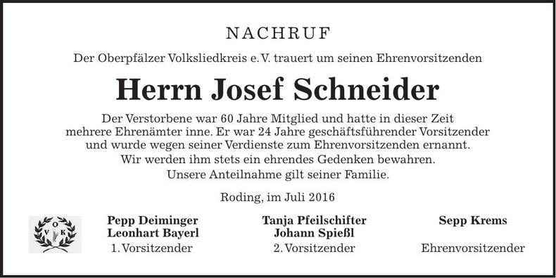 Traueranzeige Josef Schneider
