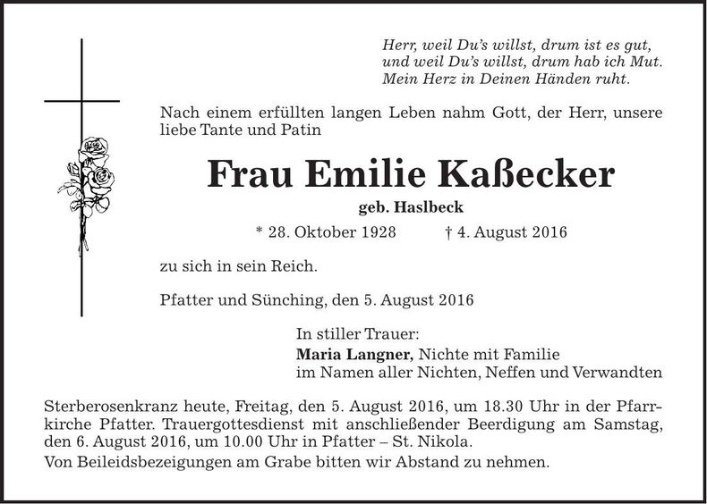 Traueranzeige Emilie Kaßecker
