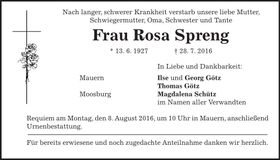 Traueranzeige Rosa Spreng