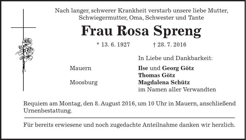 Traueranzeige Rosa Spreng