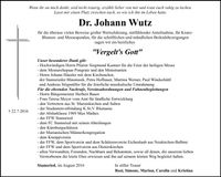 Traueranzeige Johann Dr. Wutz