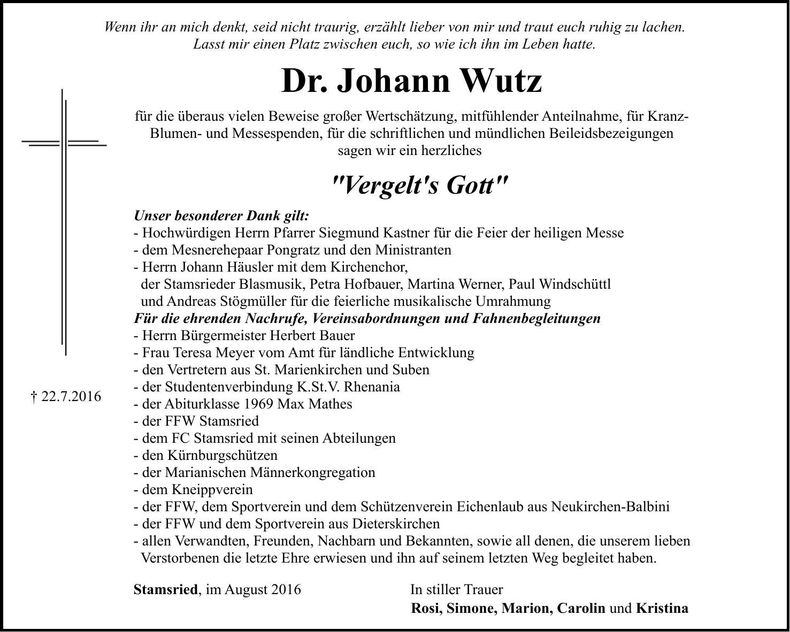 Traueranzeige Johann Dr. Wutz