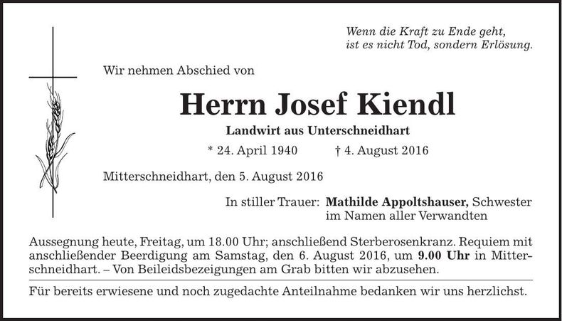 Traueranzeige Kiendl Josef