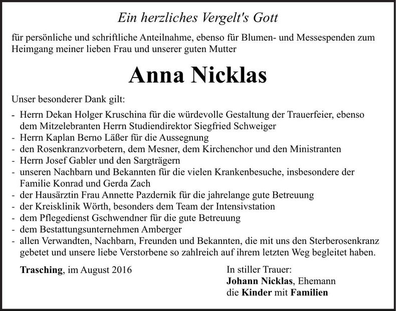Traueranzeige Anna Nicklas