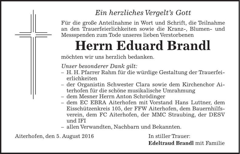 Traueranzeige Eduard Brandl