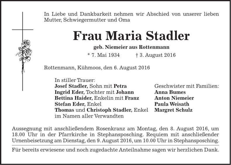 Traueranzeige Maria Stadler