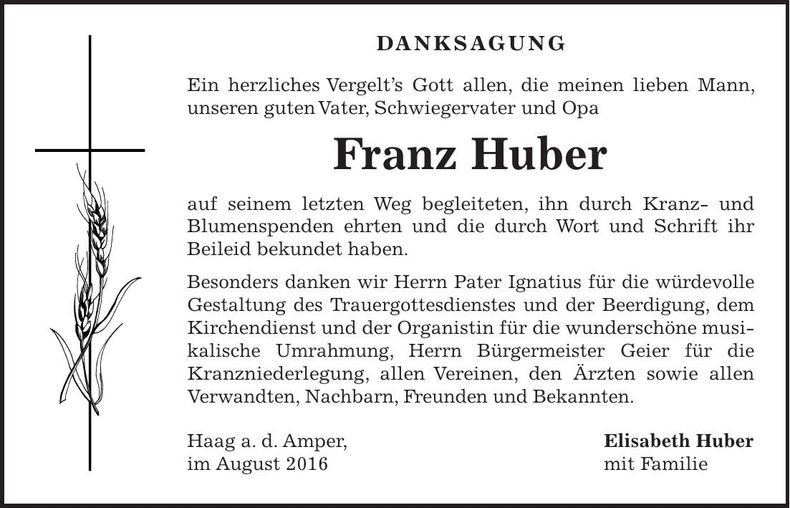Traueranzeige Franz Huber