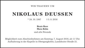 Traueranzeige Nikolaus Deussen