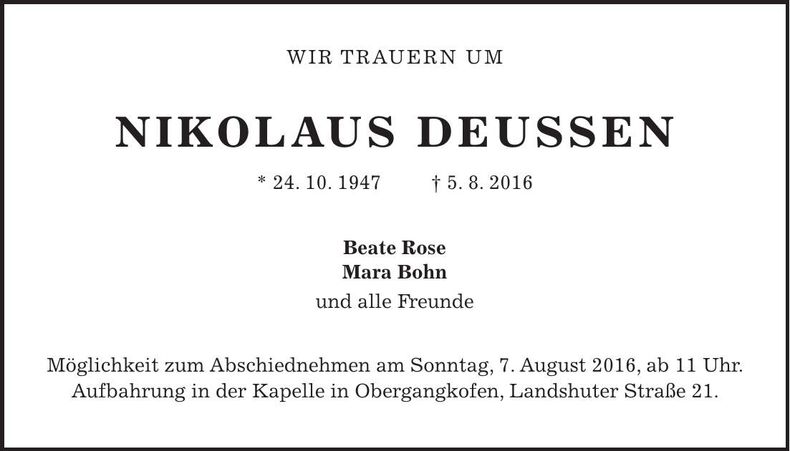 Traueranzeige Nikolaus Deussen