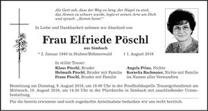 Traueranzeige Elfriede Pöschl