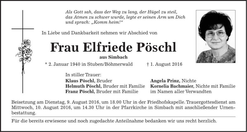 Traueranzeige Elfriede Pöschl