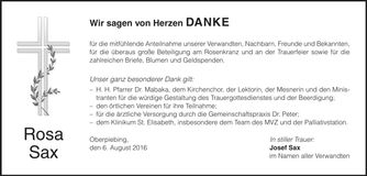Traueranzeige Rosa Sax