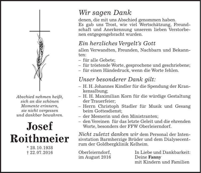 Traueranzeige Josef Roithmeier