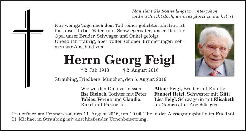 Traueranzeige Georg Feigl