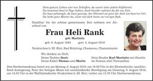 Traueranzeige Heli Rank