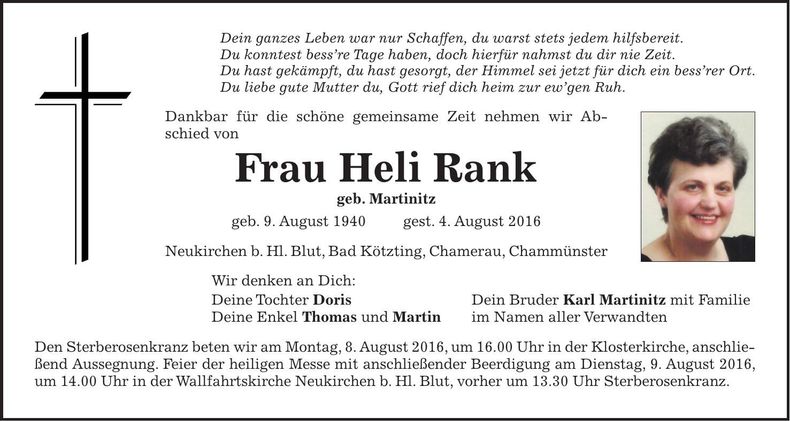 Traueranzeige Heli Rank