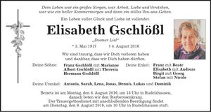Traueranzeige Elisabeth Gschlößl