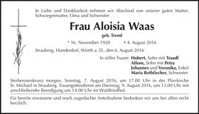 Traueranzeige Aloisia Waas