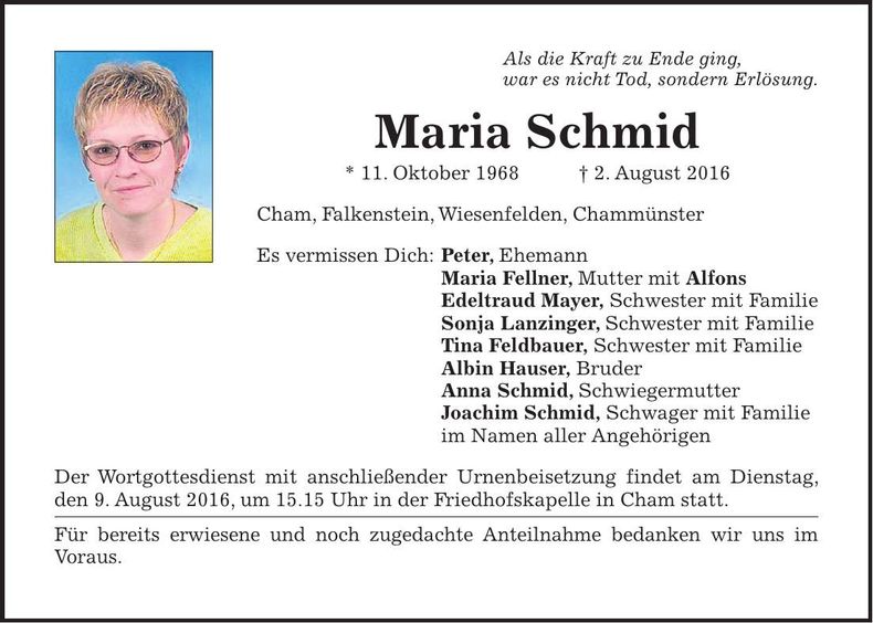 Traueranzeige Maria Schmid