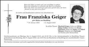 Traueranzeige Franziska Geiger