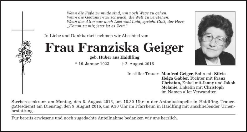 Traueranzeige Franziska Geiger