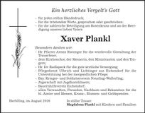 Traueranzeige Xaver Plankl