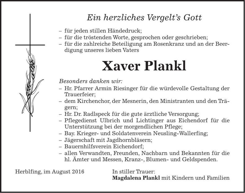 Traueranzeige Xaver Plankl